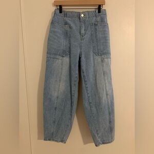 Women Casual Loose Cropped Pants Denim Bloomers Elastic Waist with Pockets